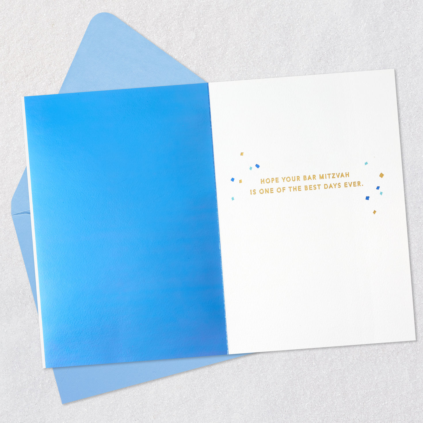 Blue and Gold Confetti Lettering Bar Mitzvah Card Open card with envelope image number 3