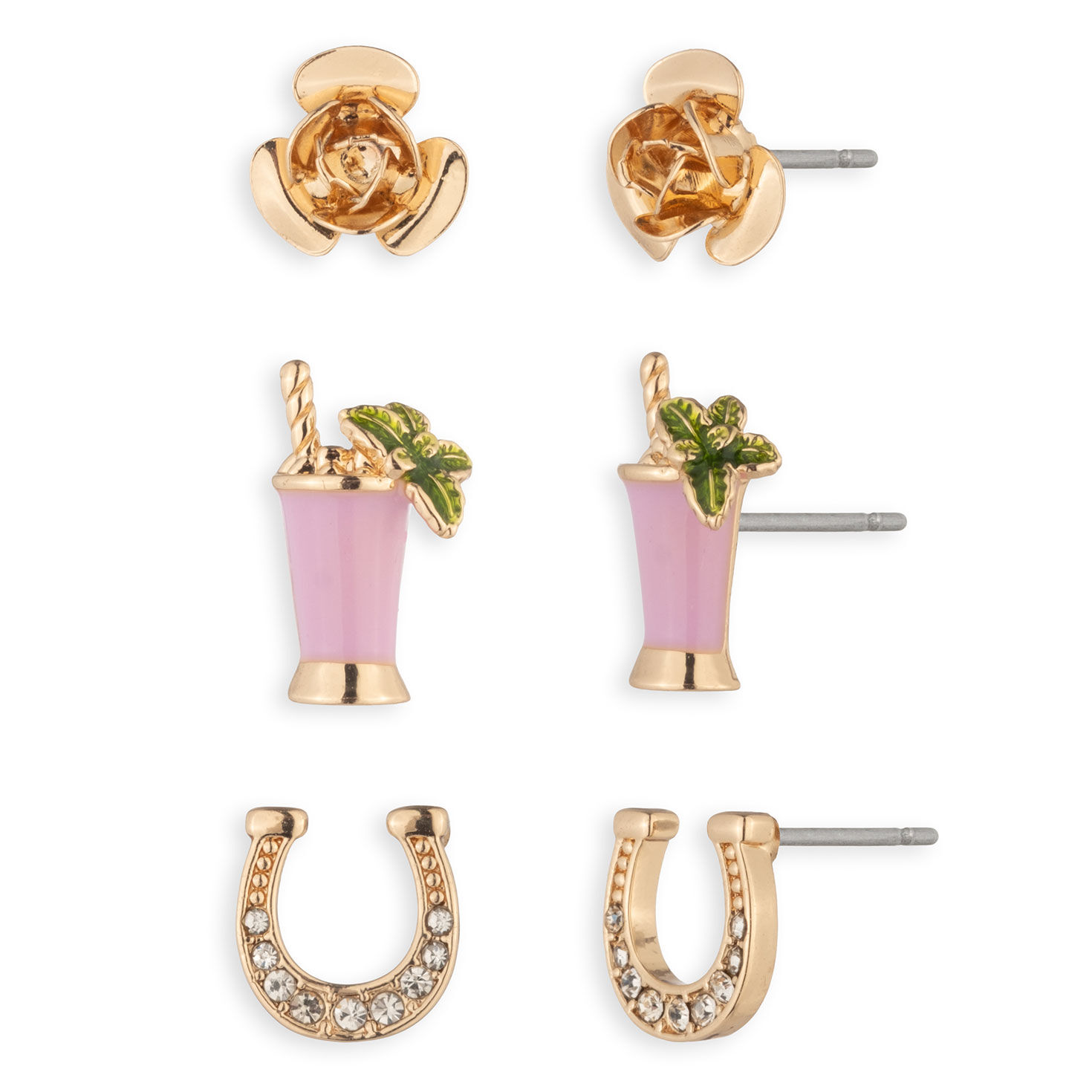 Kentucky Roses Enamel, Crystal and Gold Metal Stud Earrings, 3 pair