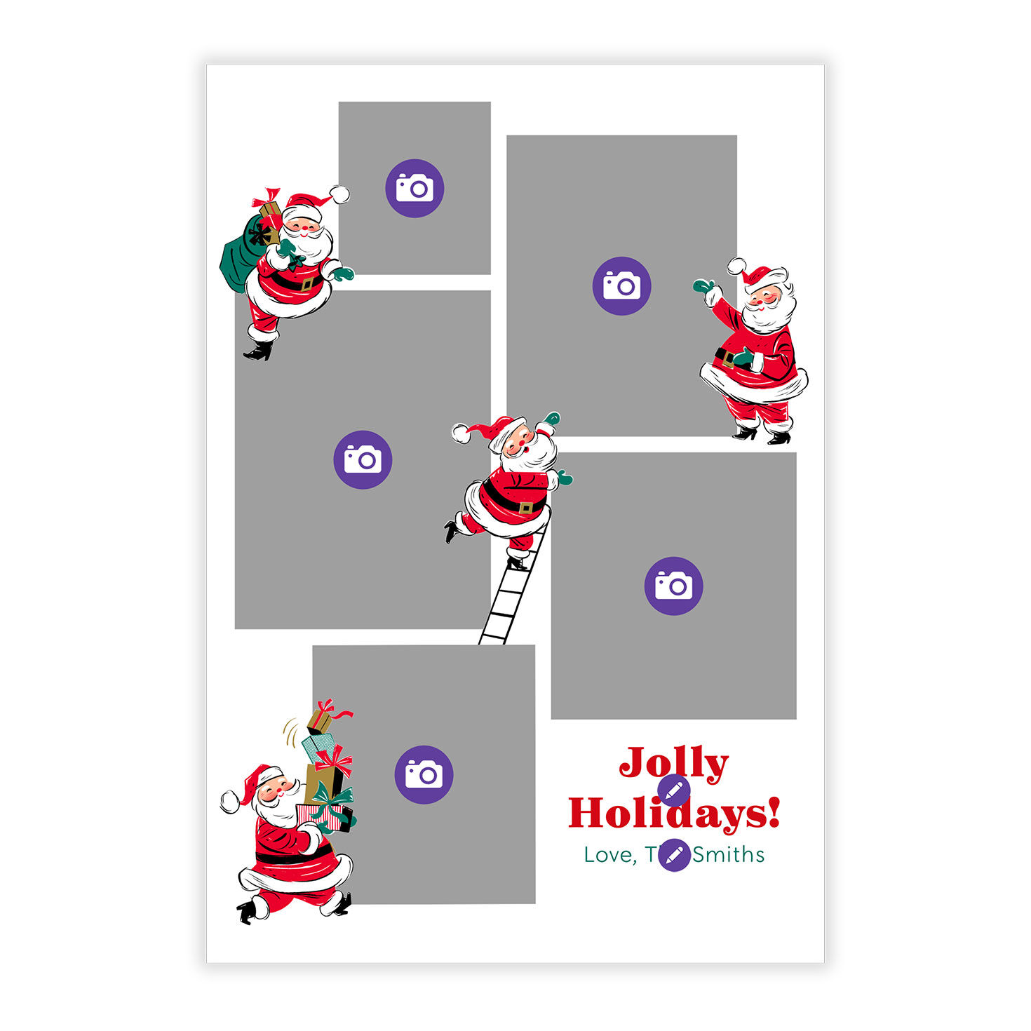 Vintage Santas Personalized Christmas Photo Card Card Front indicating personalization image number 5