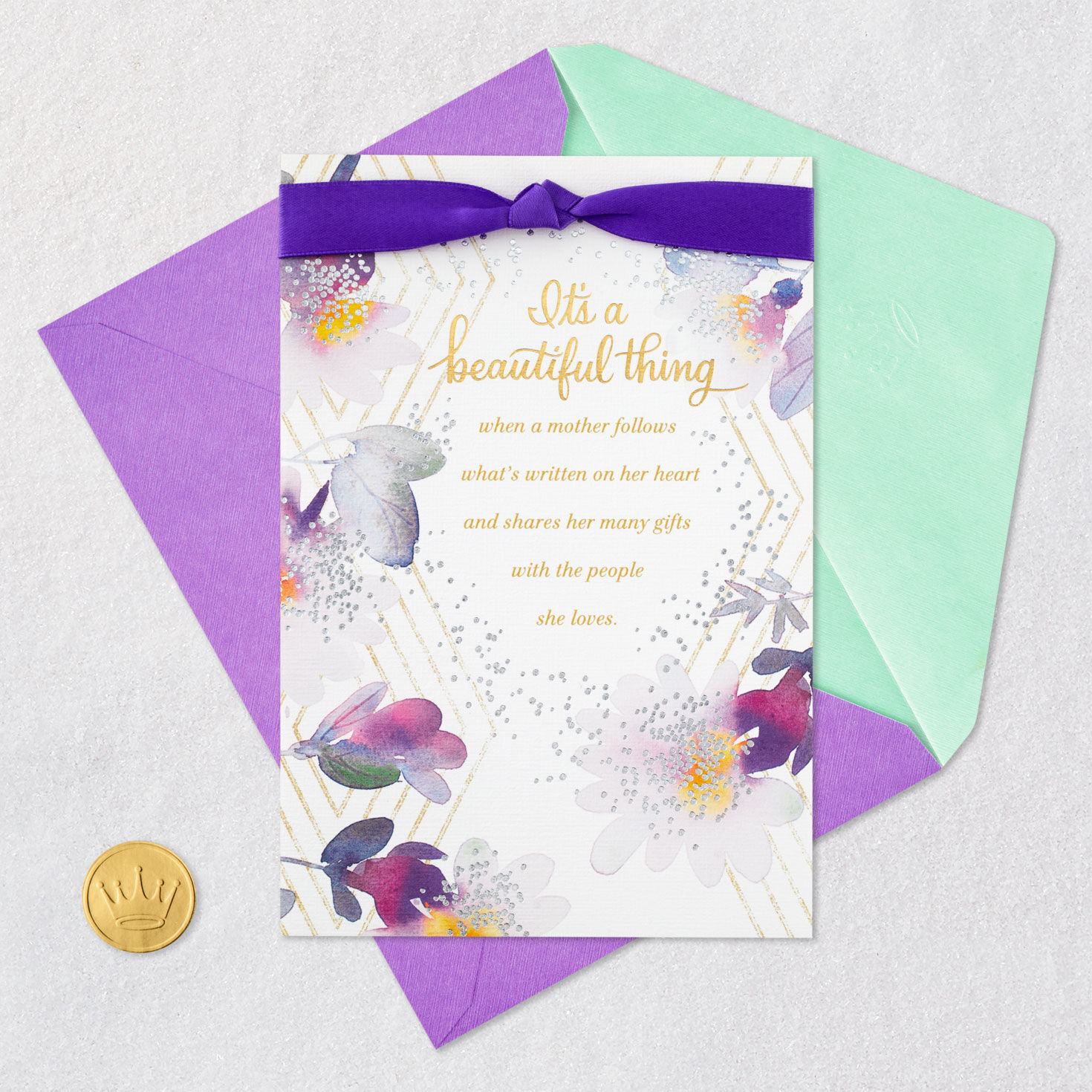 Purple Flowers and Gold Foil Mother's Day Card Card Front with Envelope and Gold Seal image number 5
