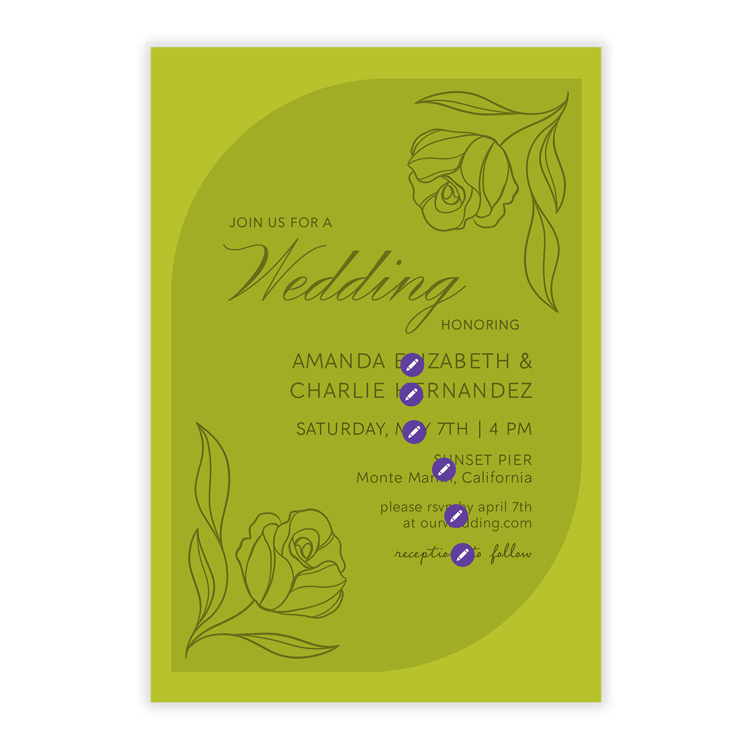 Green Rose Stems Personalized Wedding Invitation Card Front indicating personalization image number 5