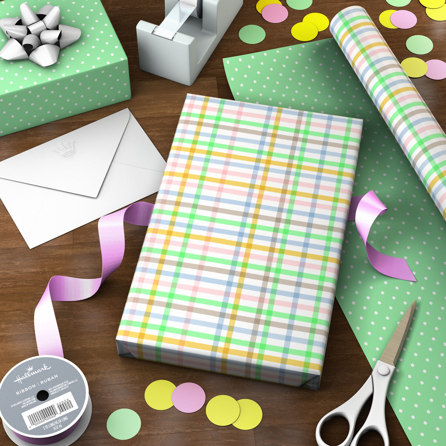 Pastel Plaid and Green Dot Reversible Gift Wrap Wrapped pkg image number 3