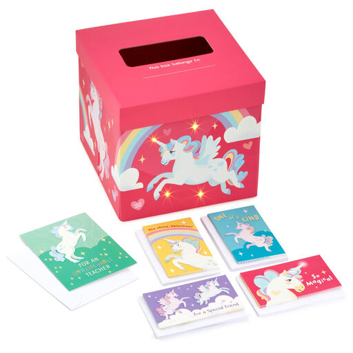 Colorful Unicorn Classroom Valentines Set with Light-Up, Musical Mailbox, 