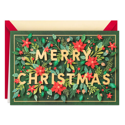 Merry Christmas Poinsettias and Holly Christmas Card, 