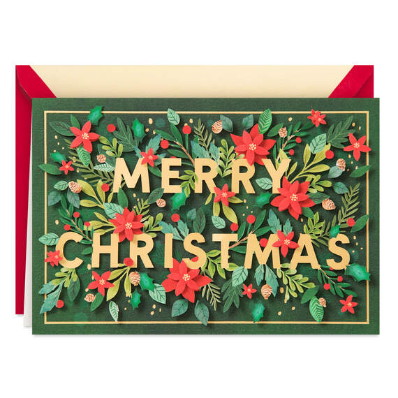 Merry Christmas Poinsettias and Holly Christmas Card
