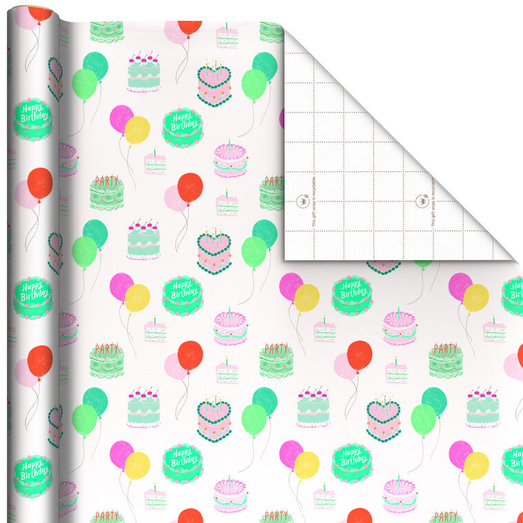 Colorful Birthday Cakes on White Wrapping Paper Roll, 20 sq. ft., , large image number 1