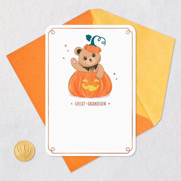 Teddy Bear in Pumpkin Halloween Card for Great-Grandson Card Front with Envelope and Gold Seal image number 5