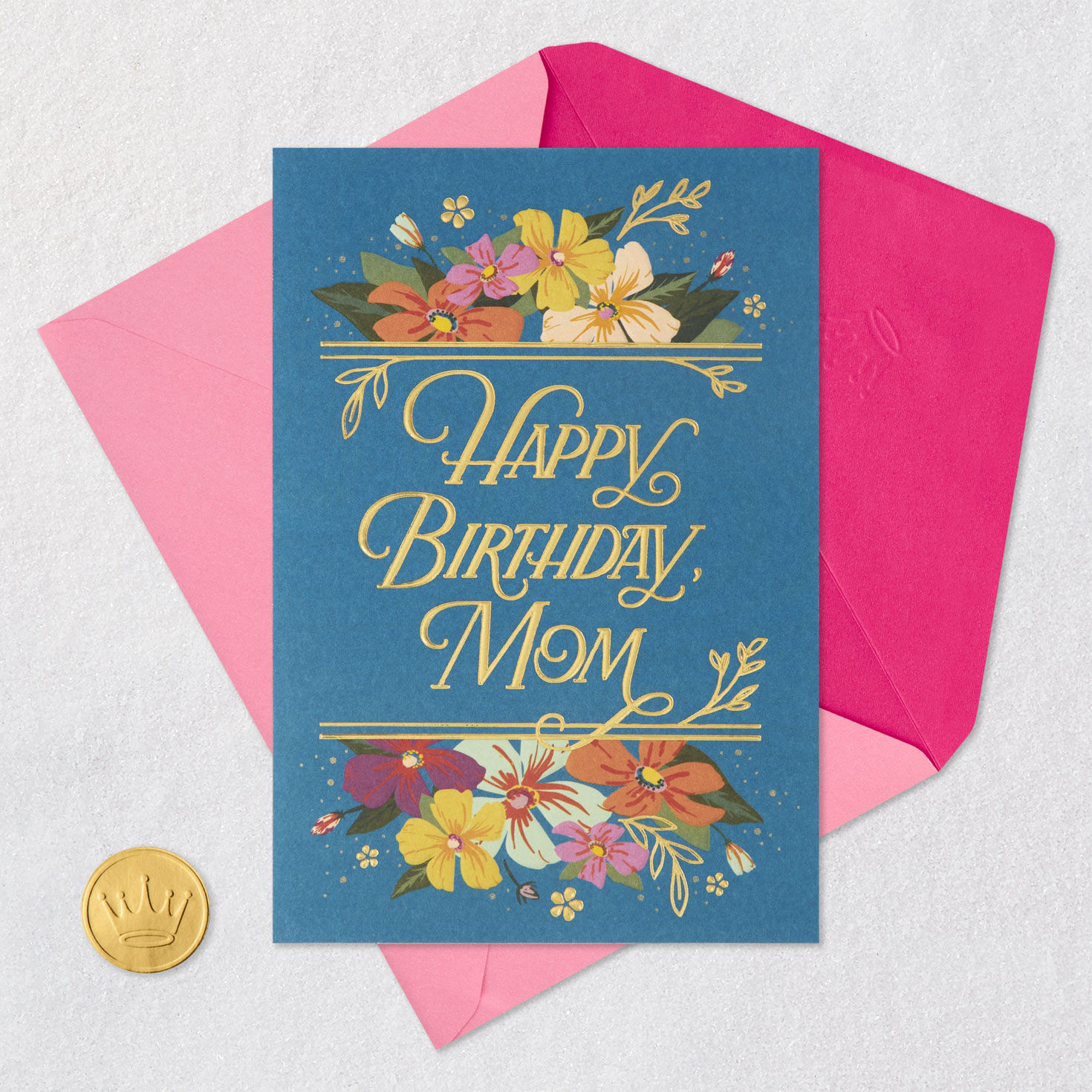 Flowers on Blue Mom Birthday Card Card Front with Envelope and Gold Seal image number 6