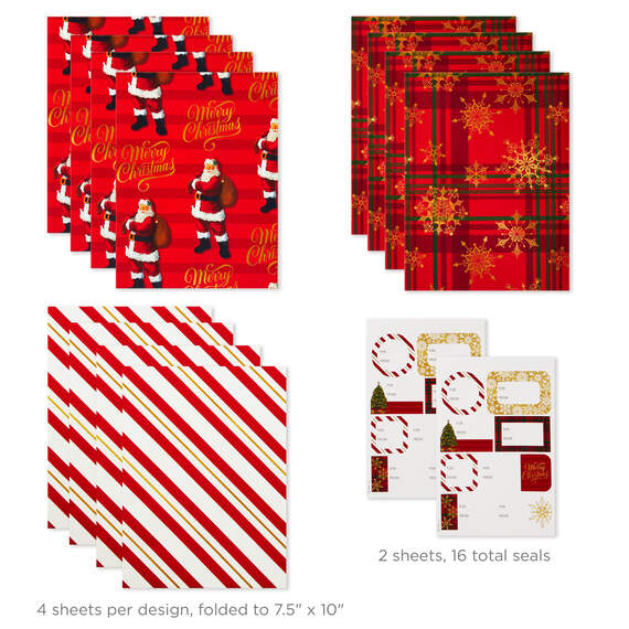 Christmas Prints Assorted Flat Wrapping Paper With Gift Tags, 12 sheets