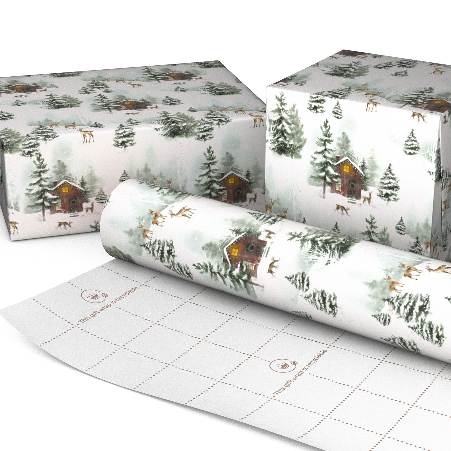 Snowy Cottage on White Holiday Wrapping Paper Roll Wrapped package image number 2