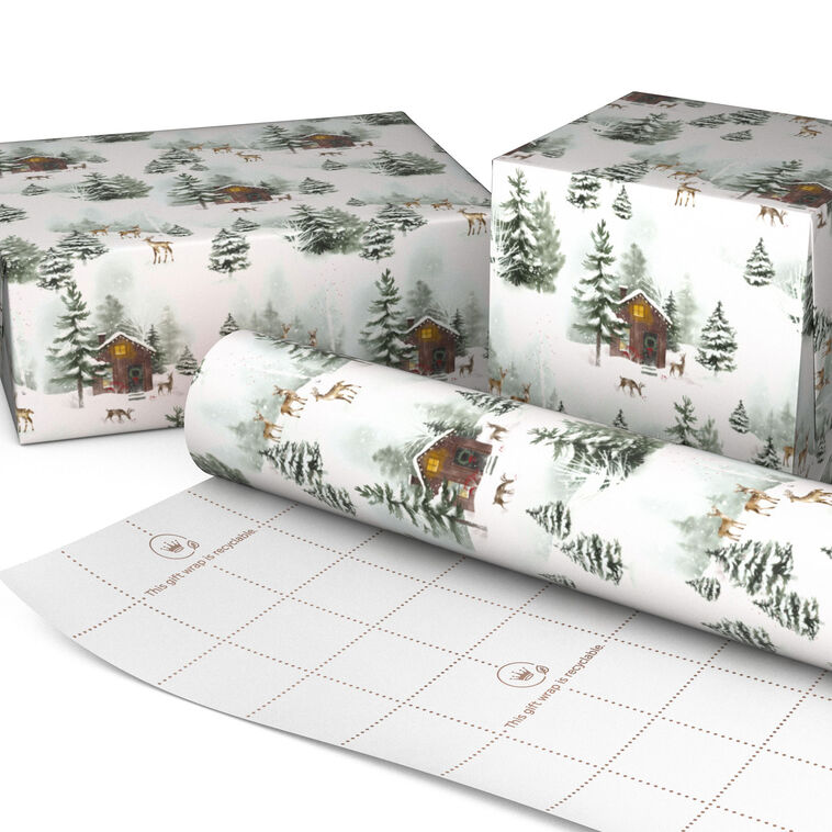 Snowy Cottage on White Holiday Wrapping Paper Roll Wrapped package image number 2