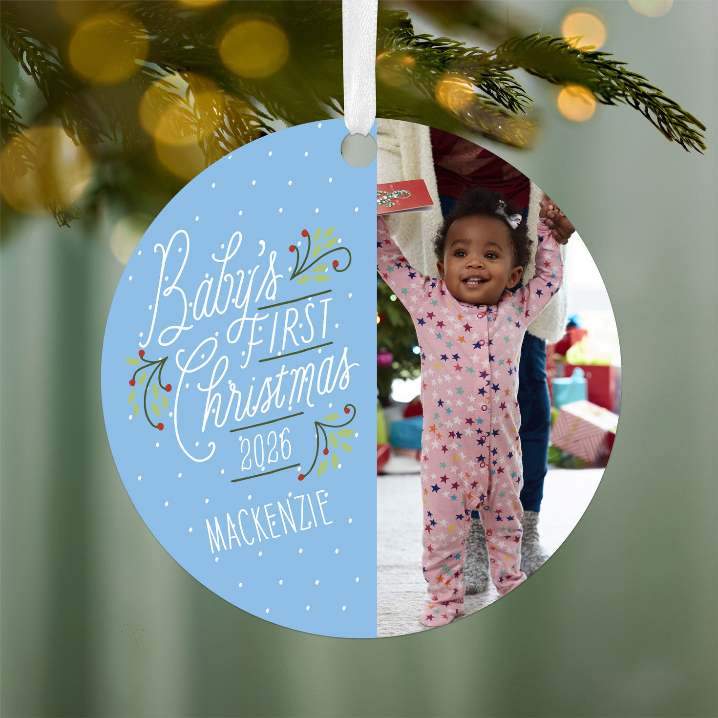 Round Baby's 1st Personalized Ornament hanging on tree image number 2