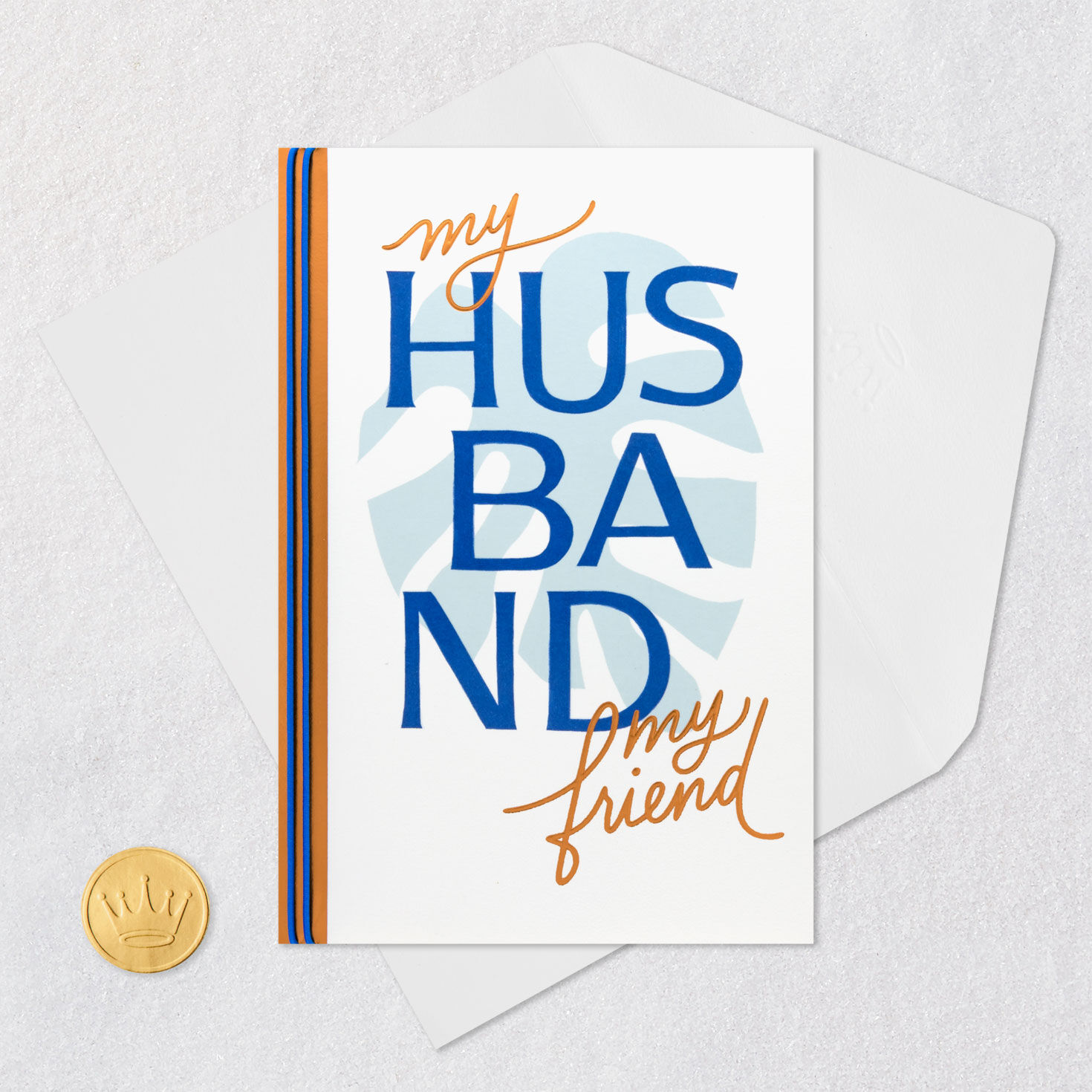 Blue Monstera Leaf Husband Anniversary Card Card Front with Envelope and Gold Seal image number 5
