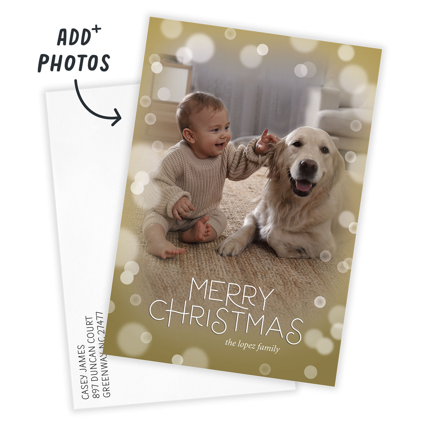 Faded Gold Bubbles Personalized Christmas Photo Card Card with Envelope indicating personalization image number 2