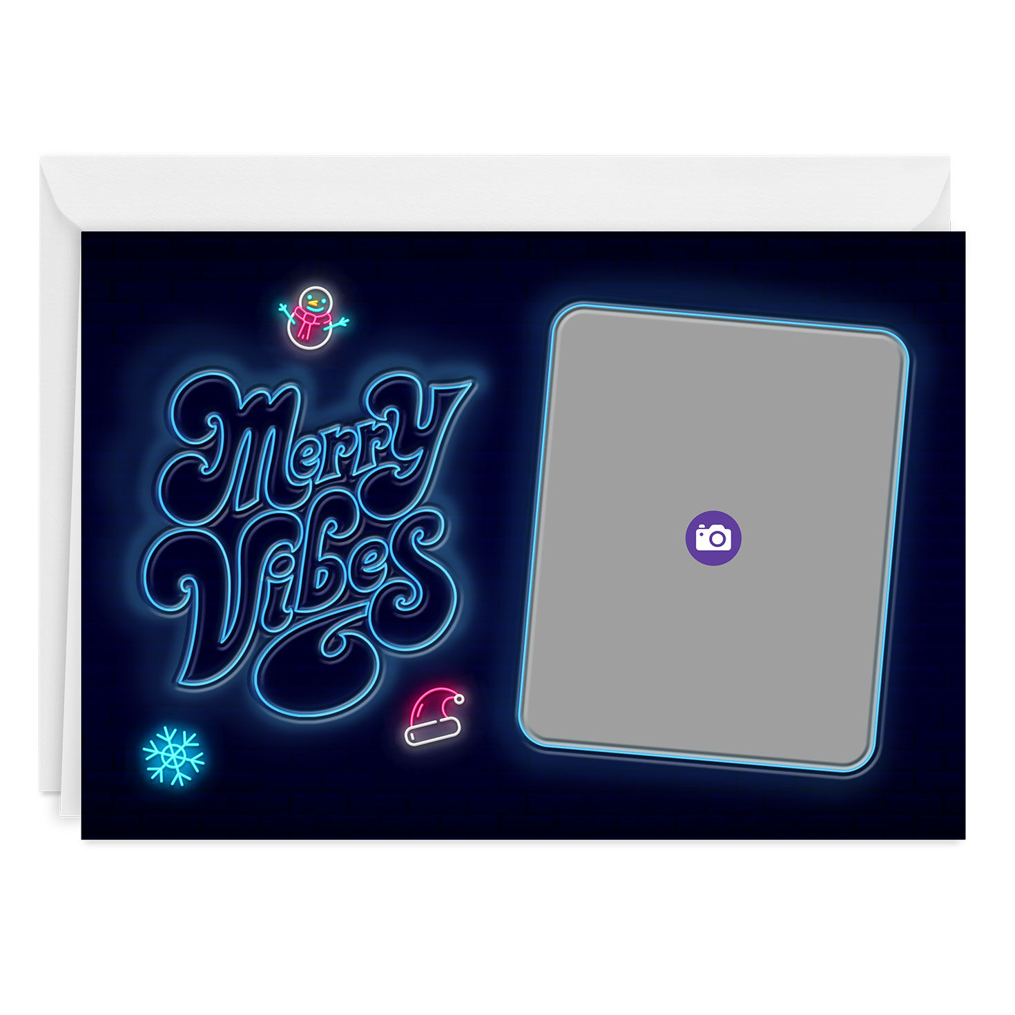 Blue Neon Symbols Personalized Holiday Card Card Front indicating personalization image number 3