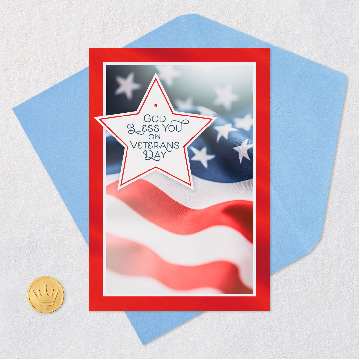 American Flag and Star Religious Veterans Day Card Card Front with Envelope and Gold Seal image number 6
