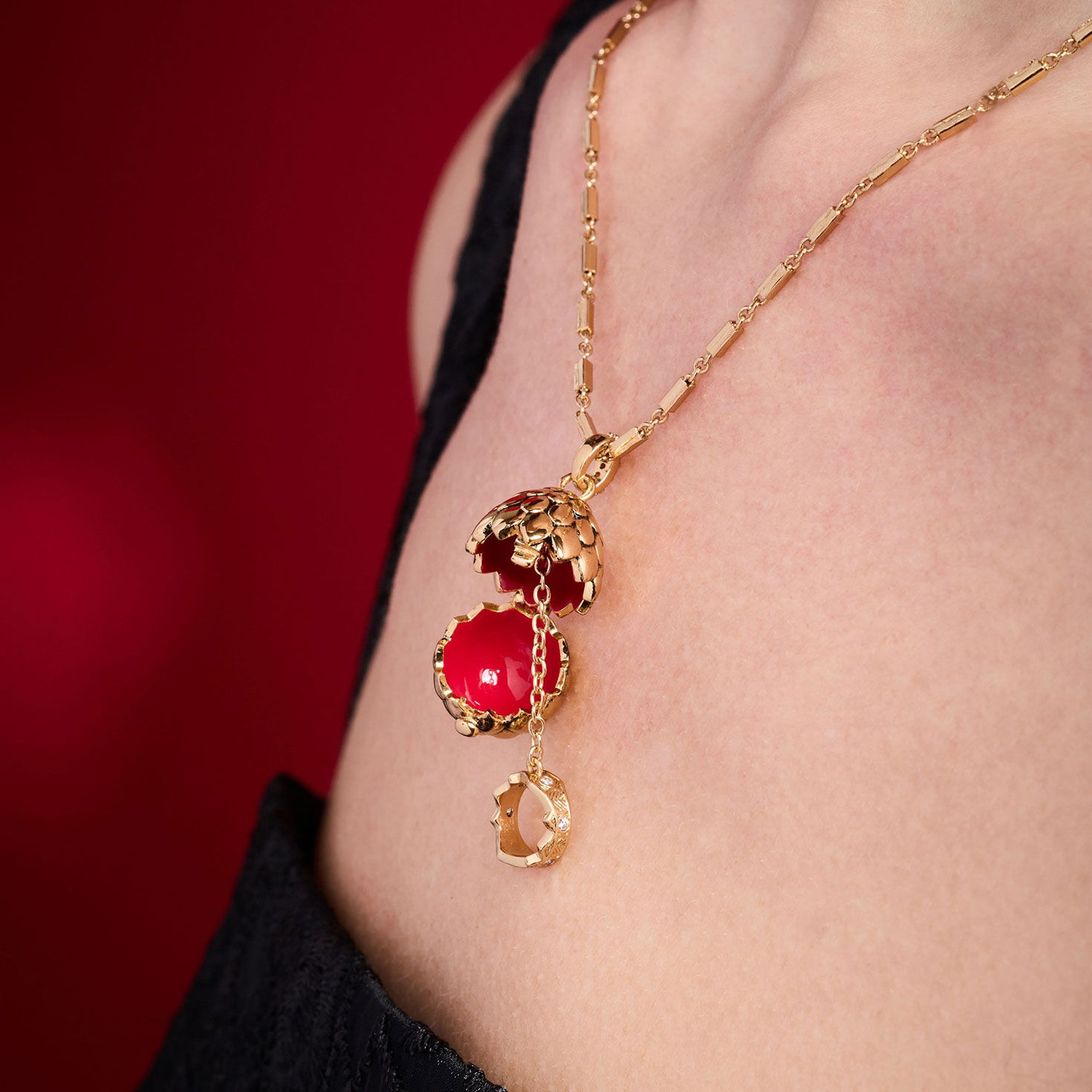Alex And Ani House of the Dragon&trade; Dragon Egg Locket Pendant in use image number 3