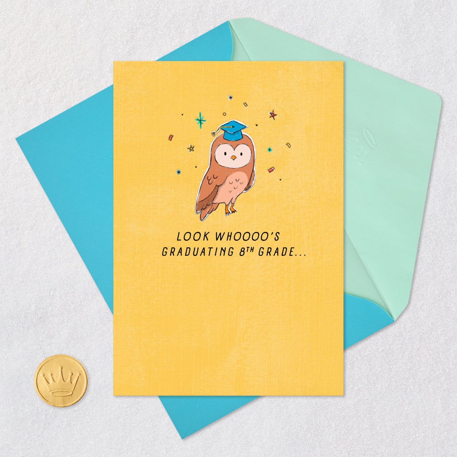 Owl in Mortarboard Cap 8th Grade Graduation Card Card Front with Envelope and Gold Seal image number 5