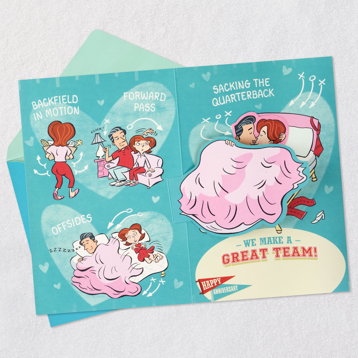 Football Lettering Teal and Red Funny Anniversary Card Open card with envelope image number 5