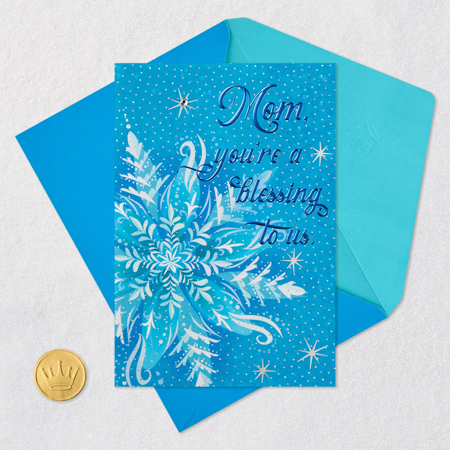 Blue Snowflake Christmas Card for Mom from Family Card Front with Envelope and Gold Seal image number 6
