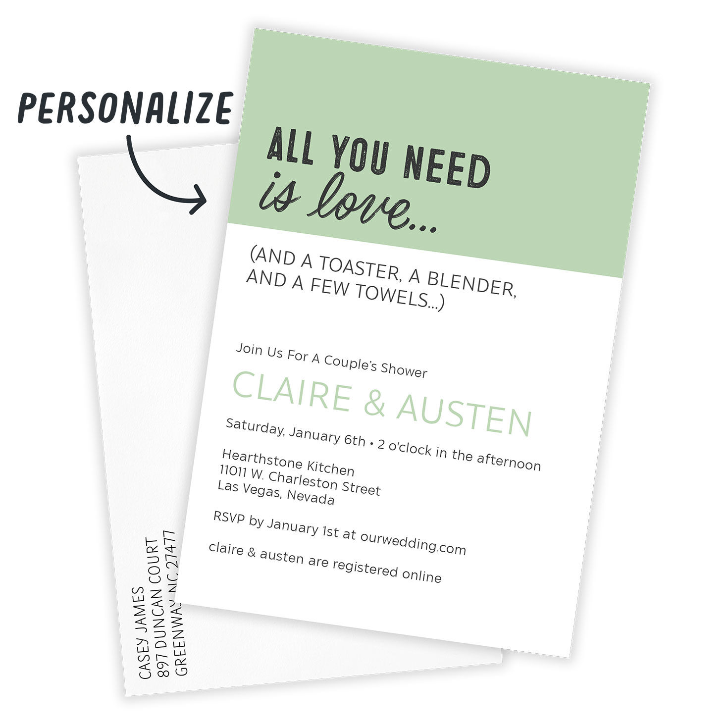 Green White Fun Message White Personalized Shower Invitation Card front with Envelope indicating personalization image number 2