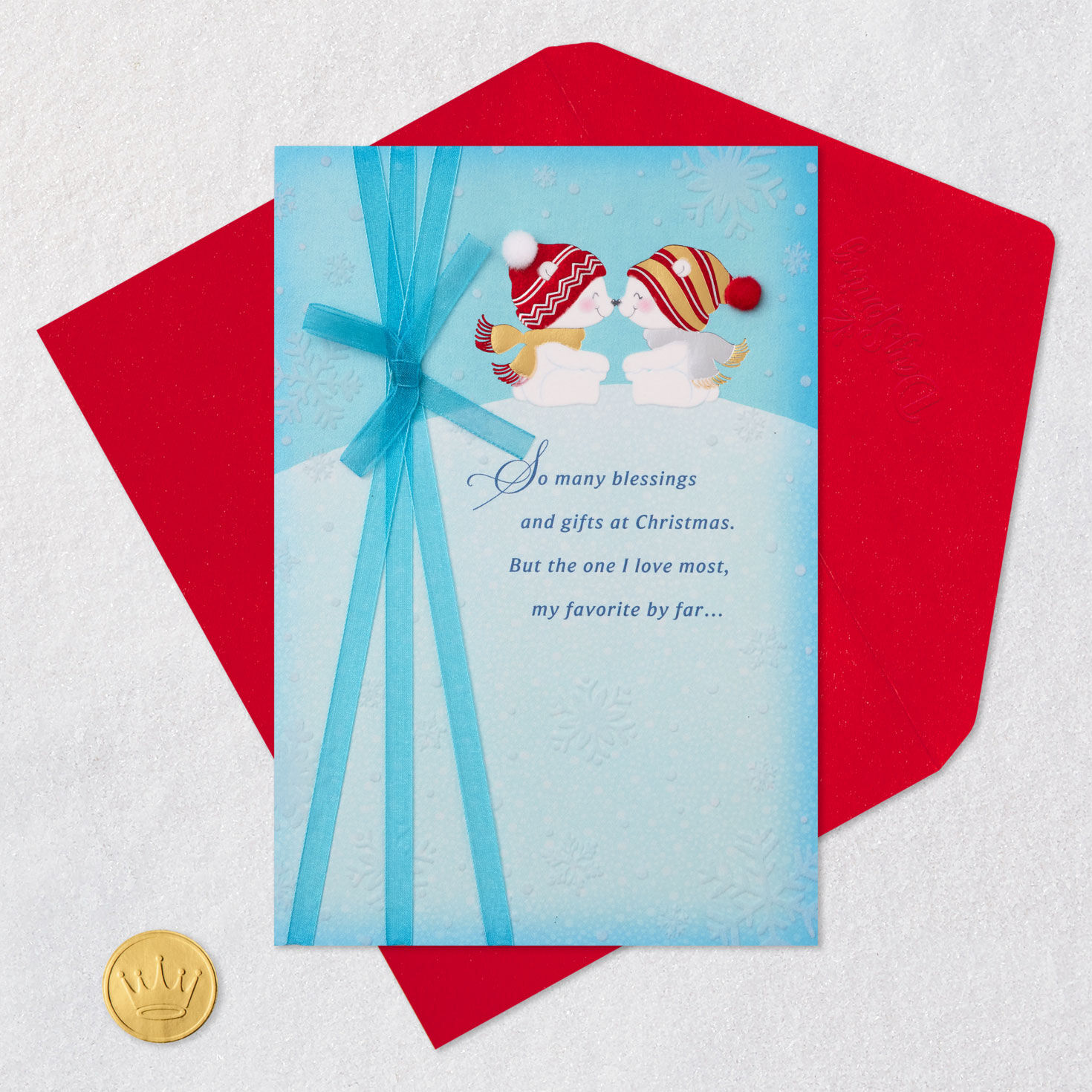 Snowy Teal Animals Religious Christmas Card Card Front with Envelope and Gold Seal image number 6