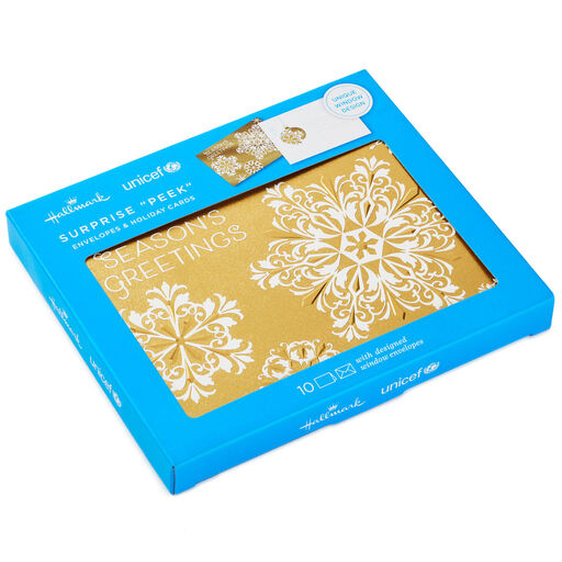 UNICEF Snowflakes on Gold Boxed Holiday Cards With Window Envelopes, Pack of 10, 