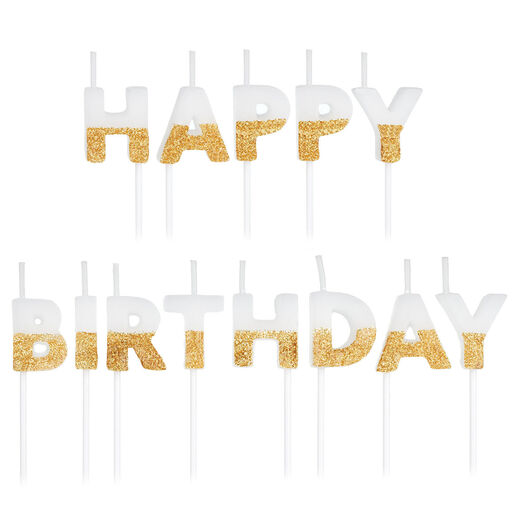Gold Glitter Dipped "Happy Birthday" Candles, Gold Glitter