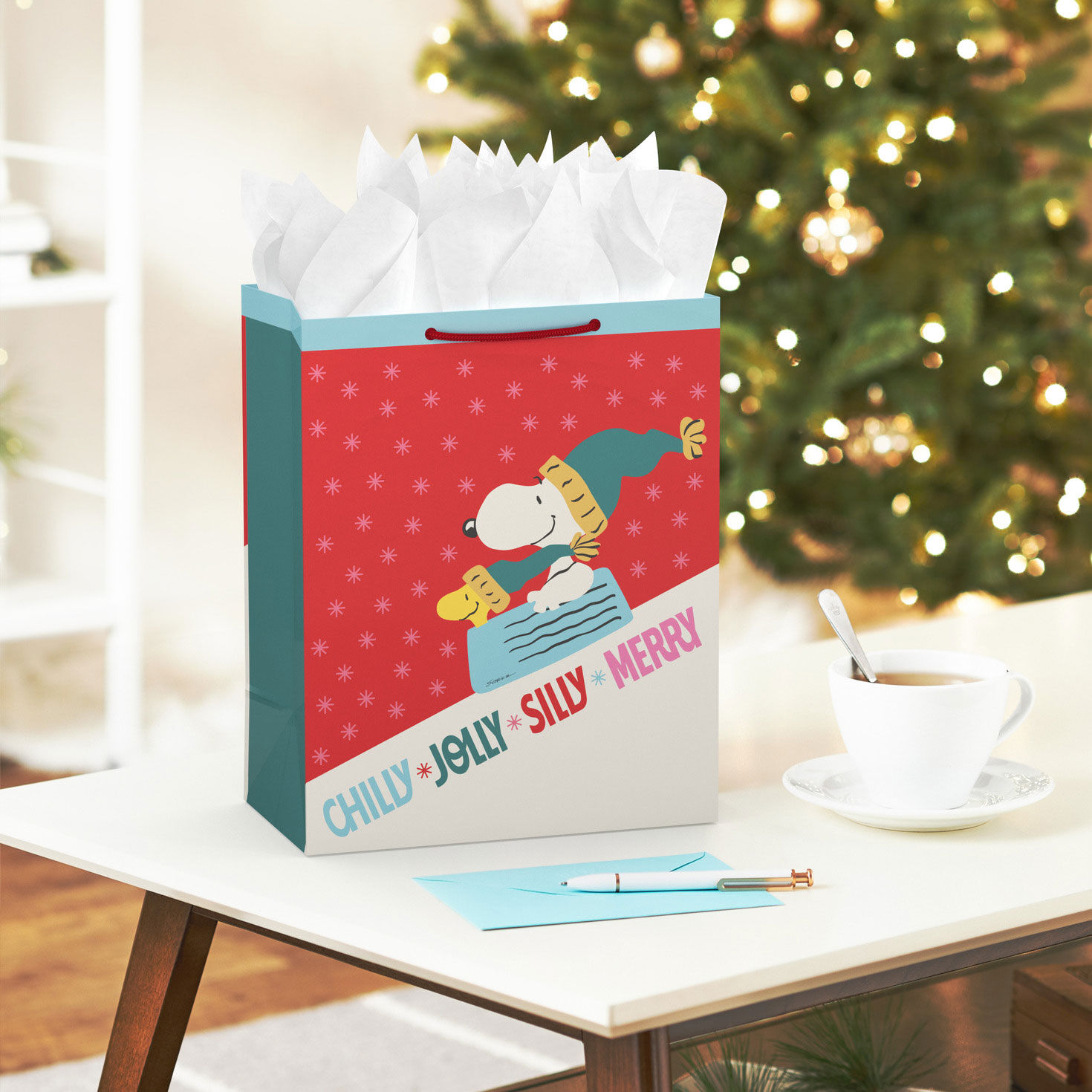 Peanuts Snoopy on Sled Large Christmas Gift Bag in use image number 2
