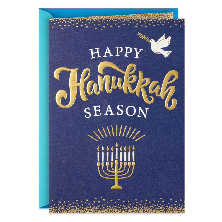 Blue and Gold Menorah and Dove Happy Hanukkah Card Card Front image number 1
