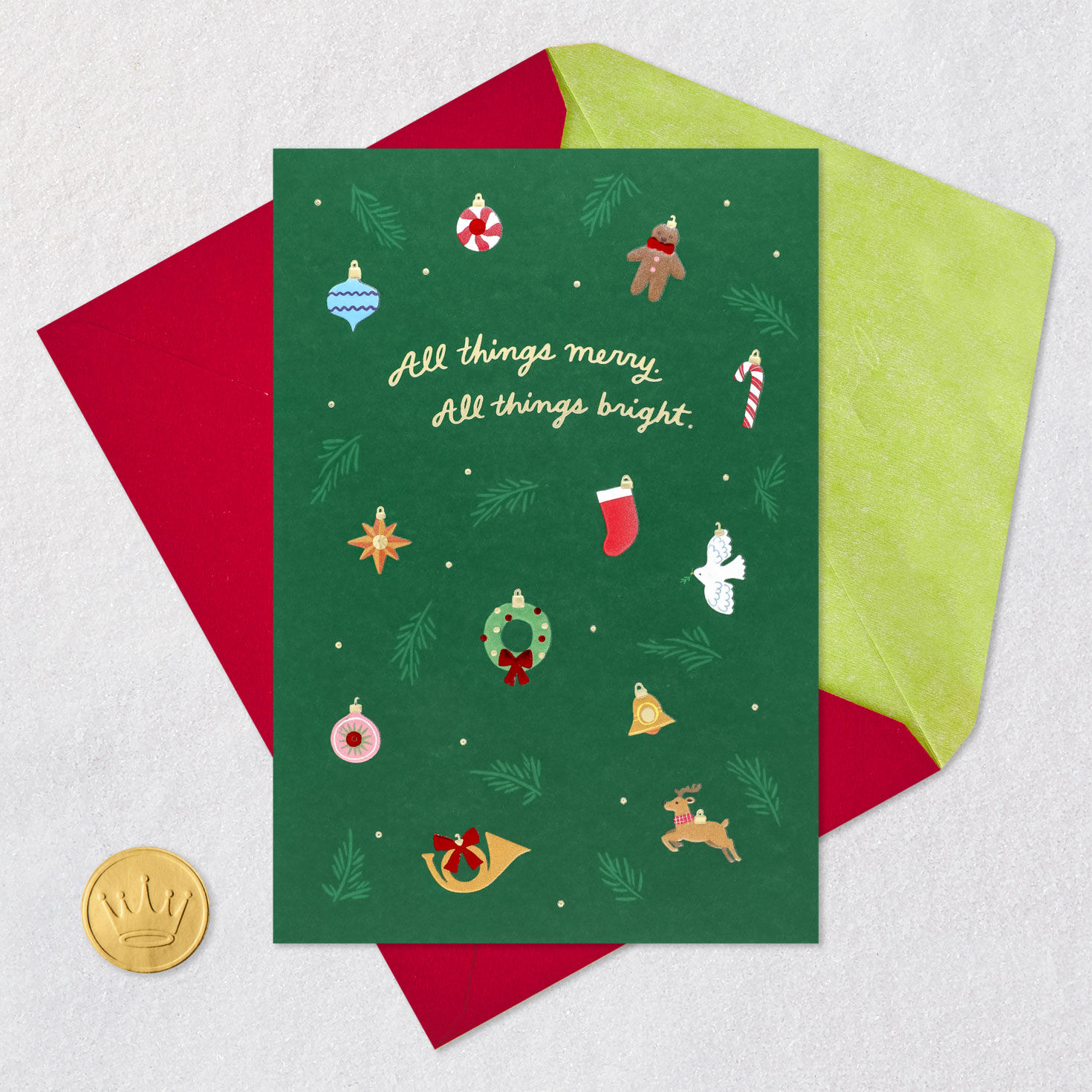 Mini Tree Ornaments Green Christmas Card Card Front with Envelope and Gold Seal image number 5