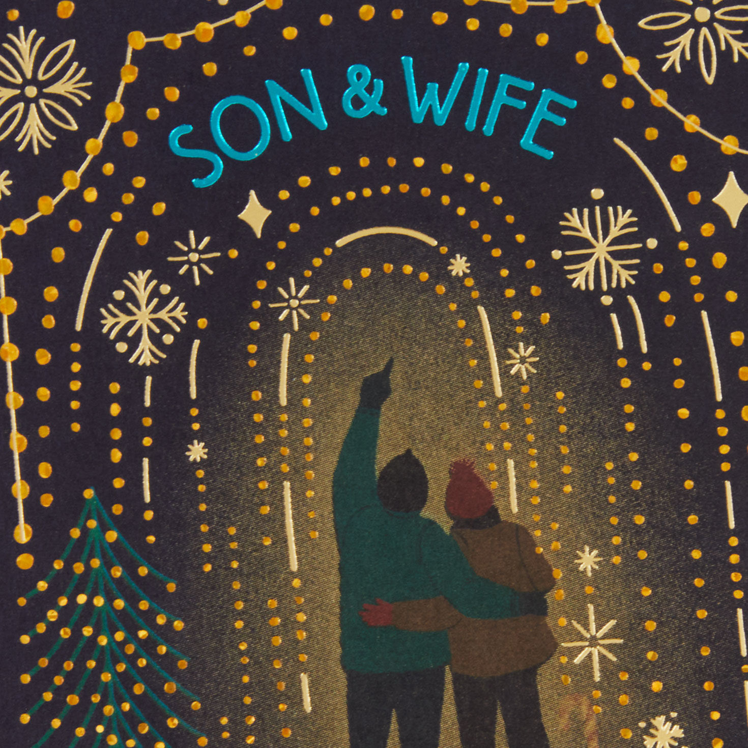 Couple Walking Under Lights Christmas Card for Son and Wife Card Front Detail image number 5