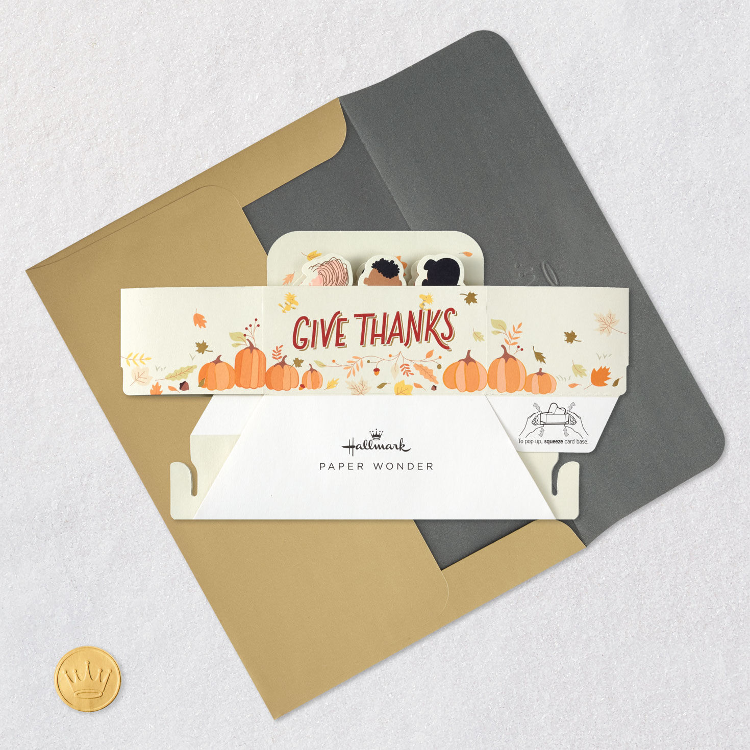 Peanuts Dinner Table 3D Pop-Up Thanksgiving Card Card Front with Envelope and Gold Seal image number 5