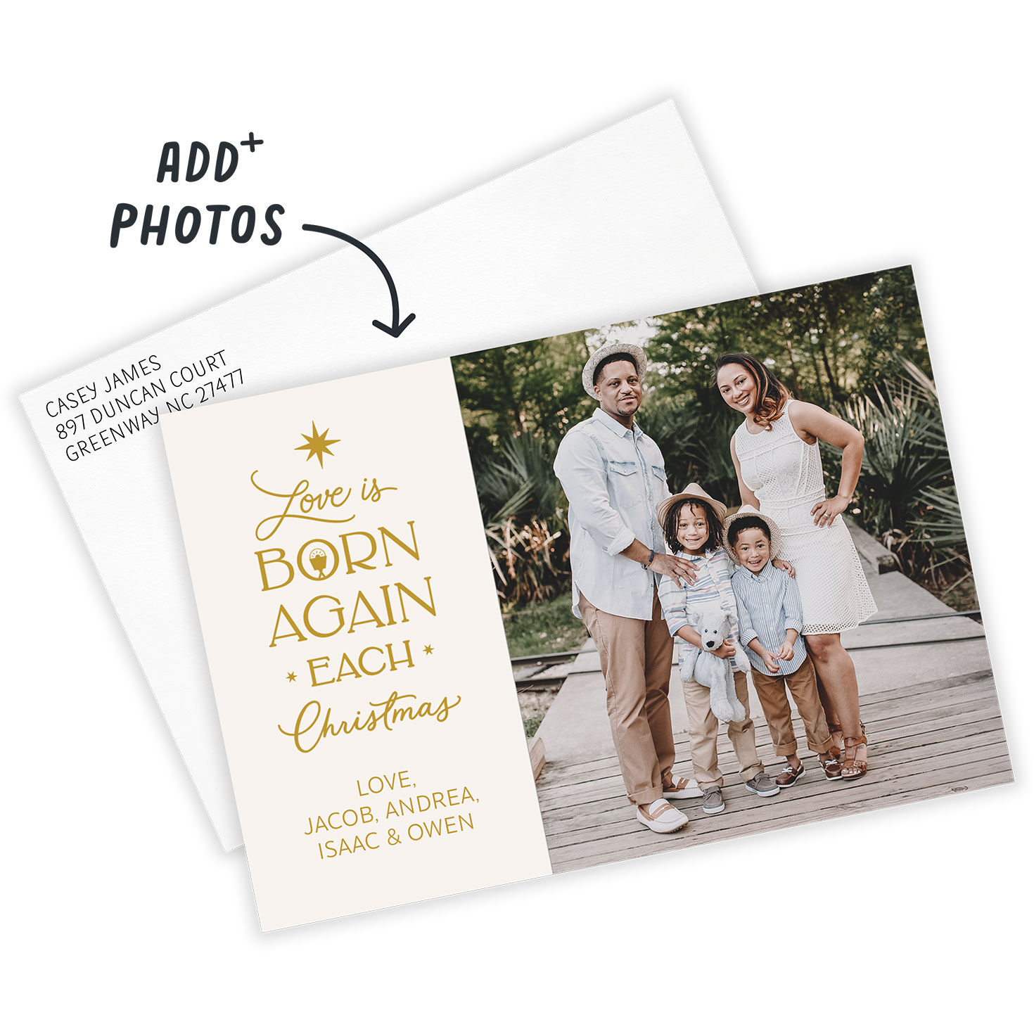 Gold Lettering Personalized Christmas Photo Card Card Front indicating personalization image number 2