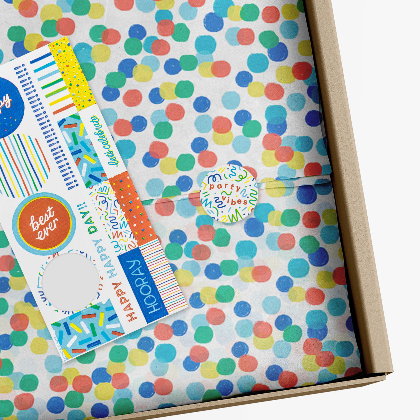 Primary Color Polka Dots Tissue Paper With Stickers in use image number 2