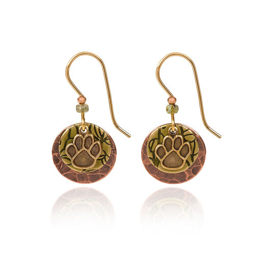 Silver Forest Paw Print on Layered Gold-Tone Mixed Metal Drop Earrings, 