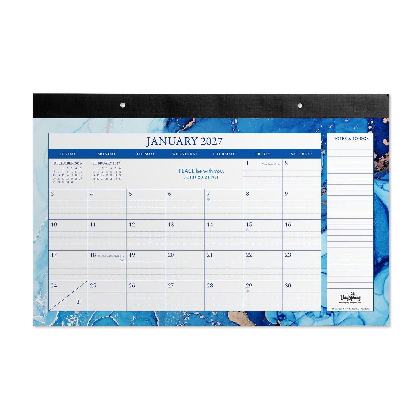 Blue and Gold Marbled 2027 Desk Calendar, 17x11, 12-Month