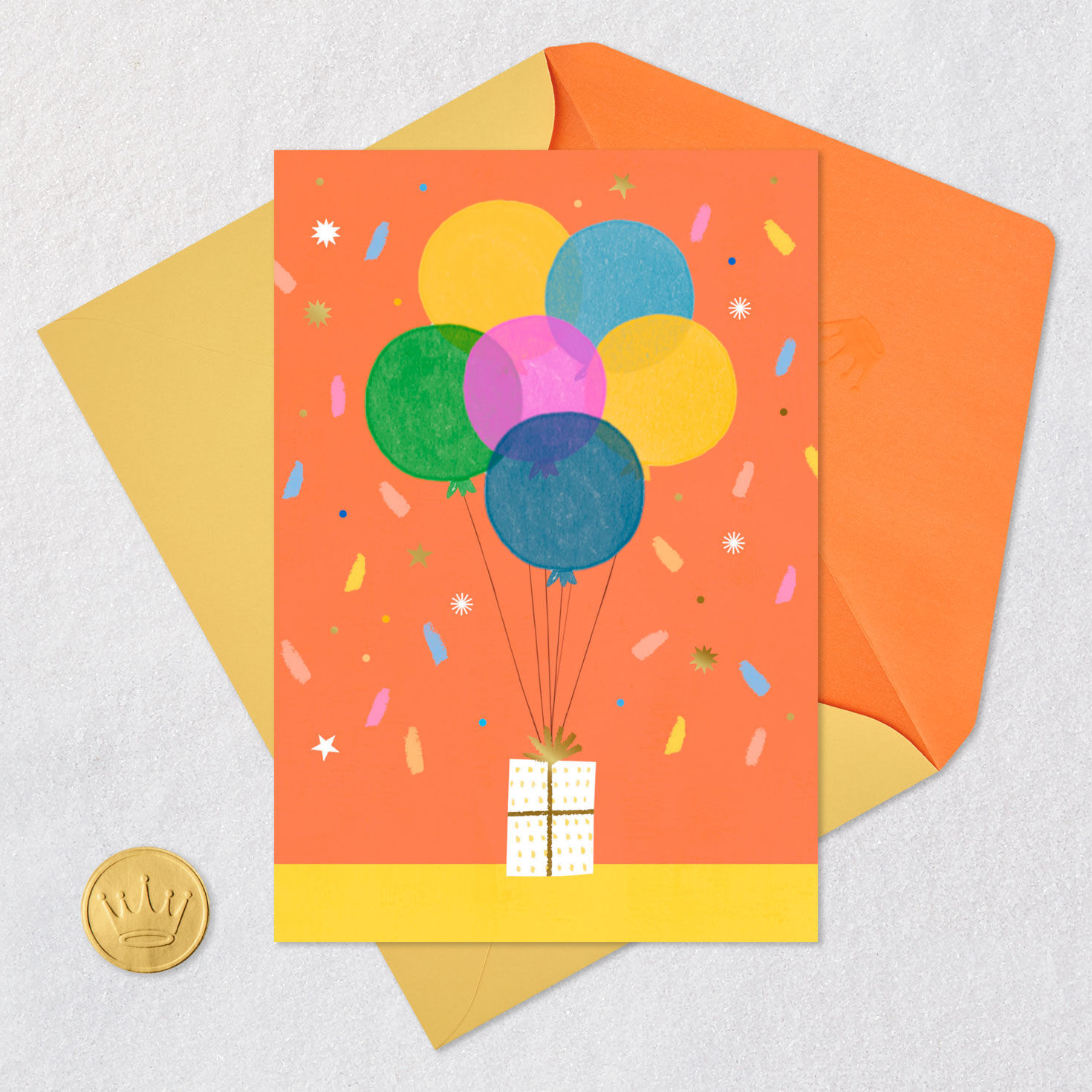 Orange Balloon Bouquet Blank Birthday Card Card Front with Envelope and Gold Seal image number 4