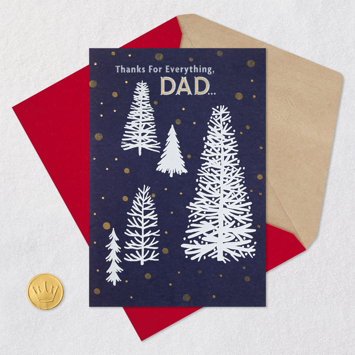 White Trees on Blue Christmas Card for Dad Card Front with Envelope and Gold Seal image number 6