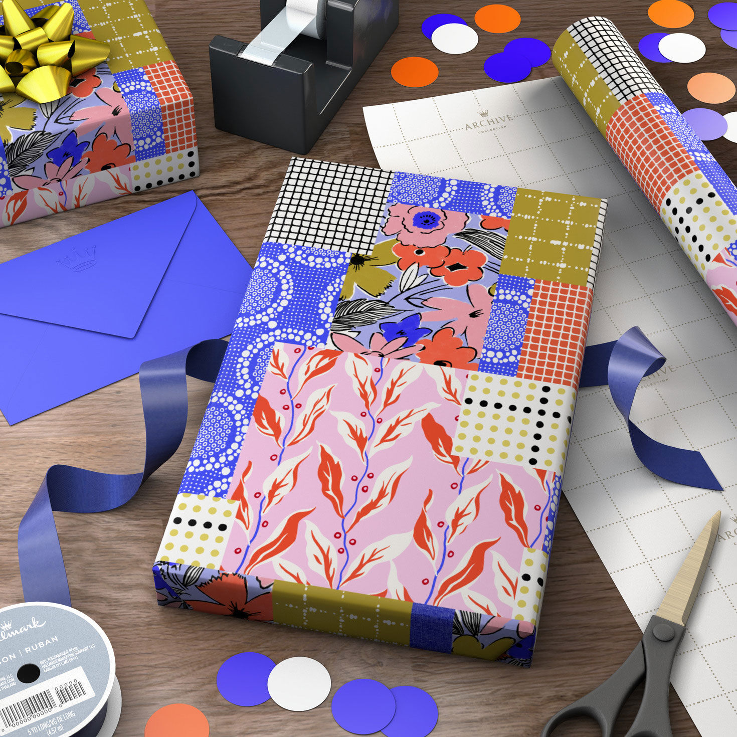 Vibrant Vintage Patchwork Wrapping Paper Roll Wrapped pkg image number 3