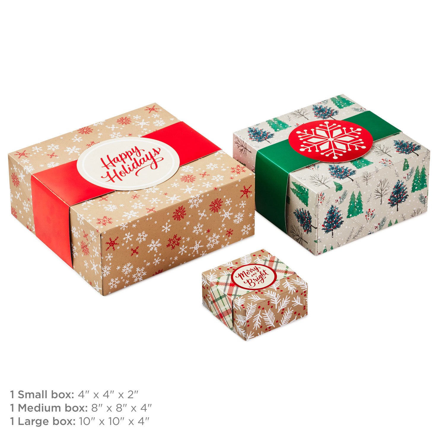 Merry and Bright 3Pack Christmas Gift Boxes, Assorted Sizes and