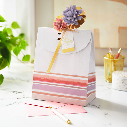 9.7" Striped Medium Fold-Top Gift Bag With Flower Pick, 
