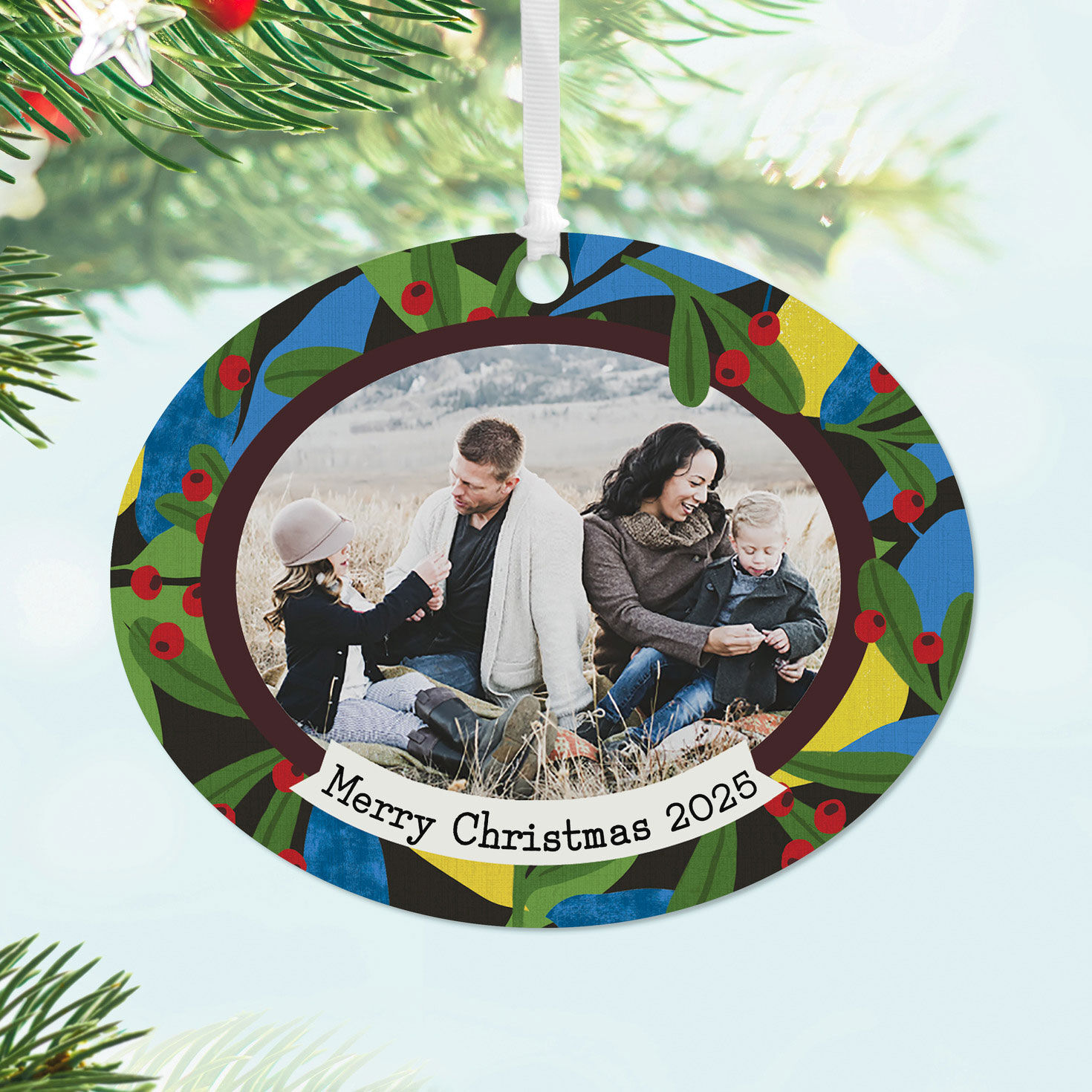 Holiday Holly Horizontal Oval Metal Personalized Ornament, Custom Photo and Text, , large image number 2