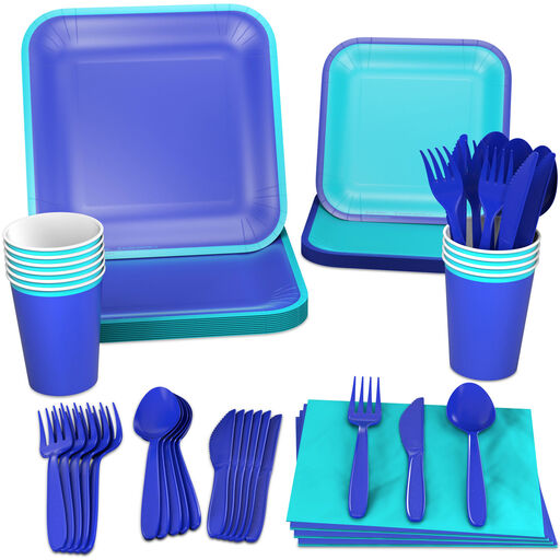 Color Pop 96-Piece Tableware Basics Party Kit, Aqua and Indigo, 