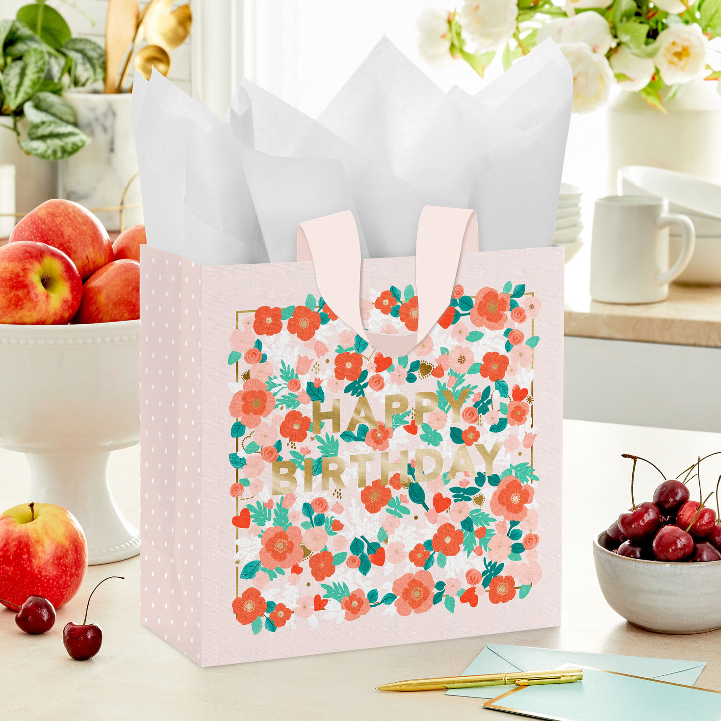 Red, Coral and Pink Floral Happy Birthday Large Bag In use image number 2