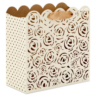 10.4" Cream Roses Laser-Cut Large Square Gift Bag With Tissue Paper