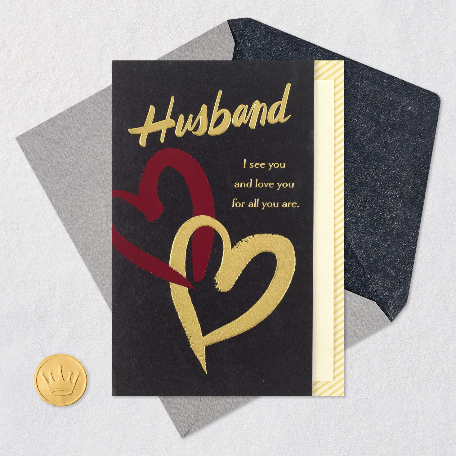Hearts on Black Valentine's Day Card for Husband Card Front with Envelope and Gold Seal image number 6