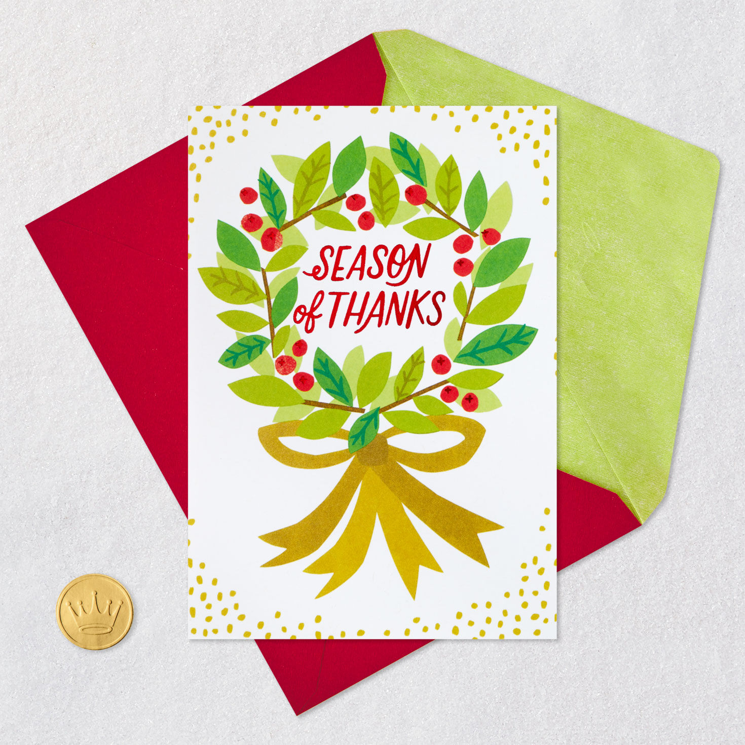 Green Wreath With Foil Christmas Thank You Card Card Front with Envelope and Gold Seal image number 5