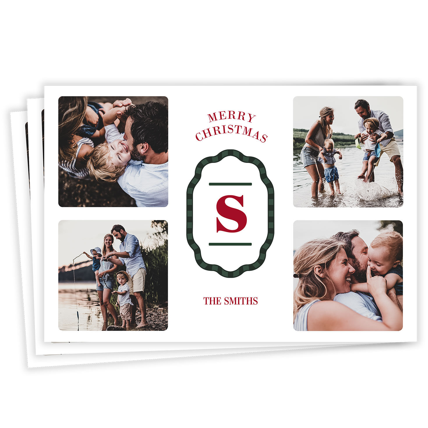 Merry Monogram Photo Collage Flat Christmas Photo Card