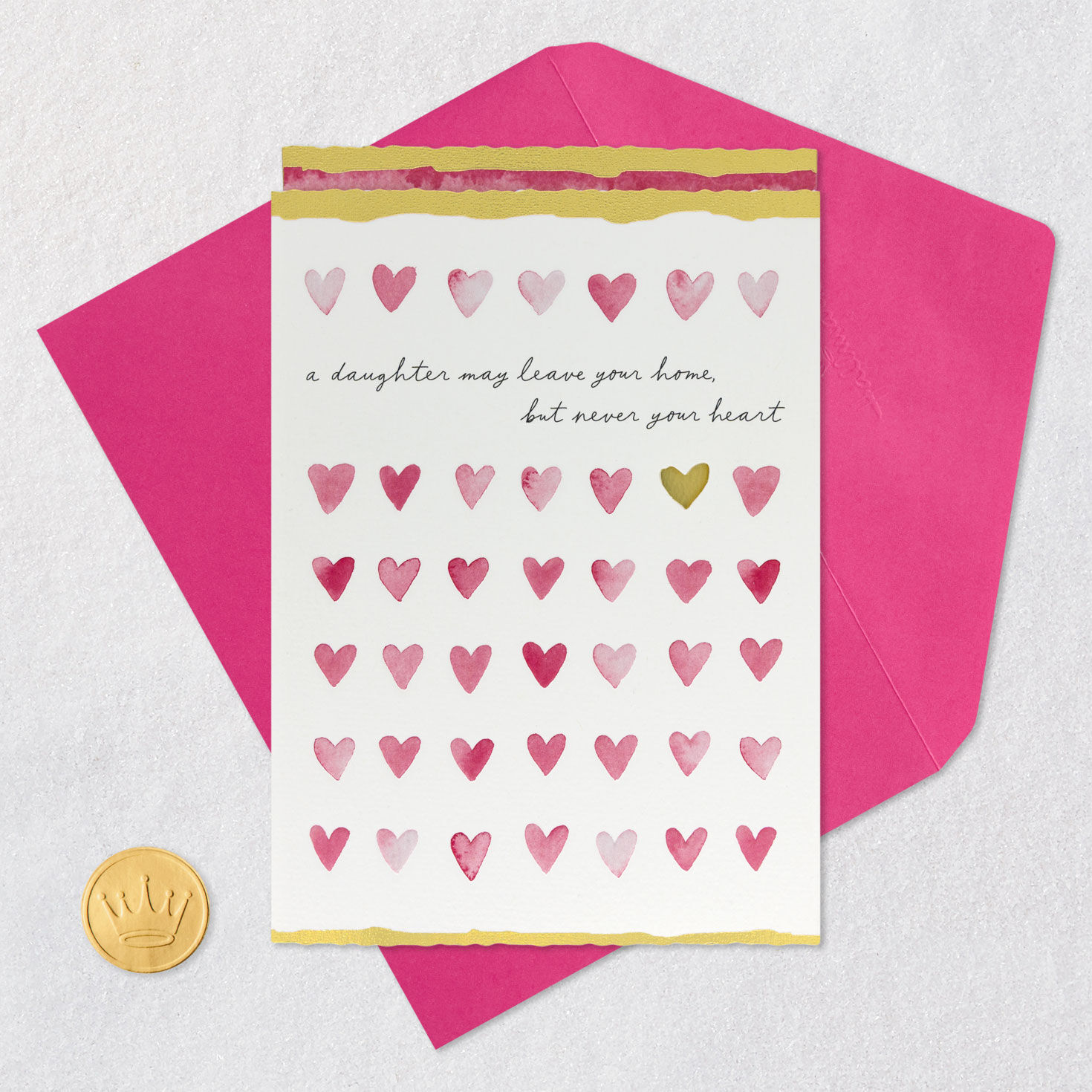 Pink Watercolor Hearts Daughter Valentine's Day Card Card Front with Envelope and Gold Seal image number 5